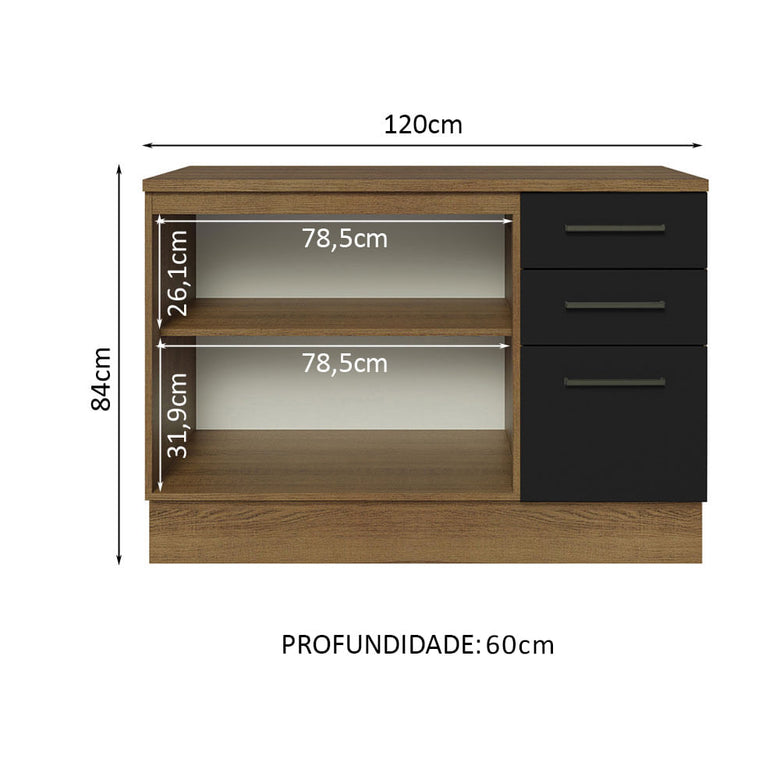 Balcão Multiuso 120cm 2 Portas 3 Gavetas Rustic/Preto Agata Madesa