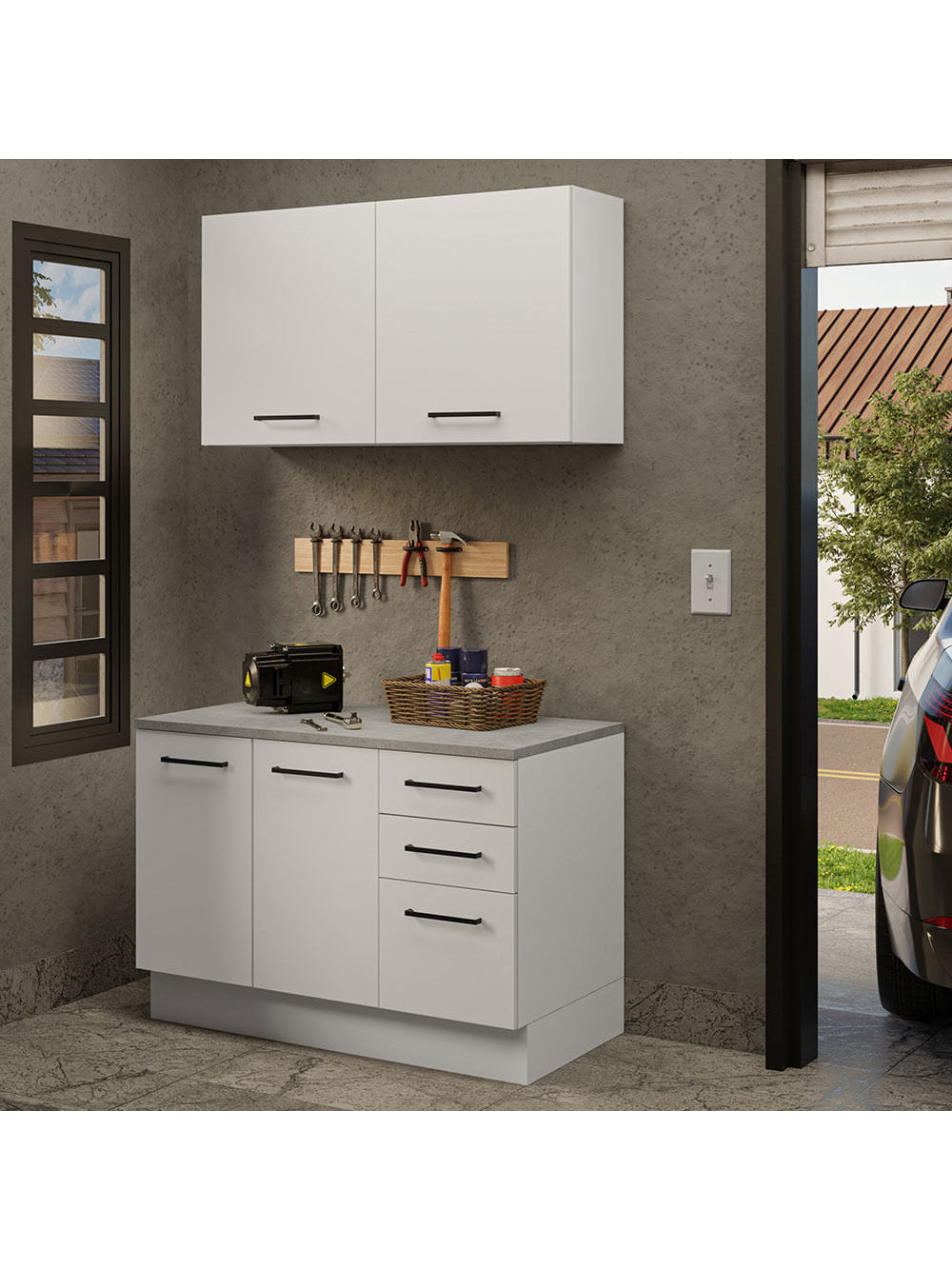 Kit com Balcão e Armário Aéreo Multiuso 120cm Branco Agata Madesa - Branco