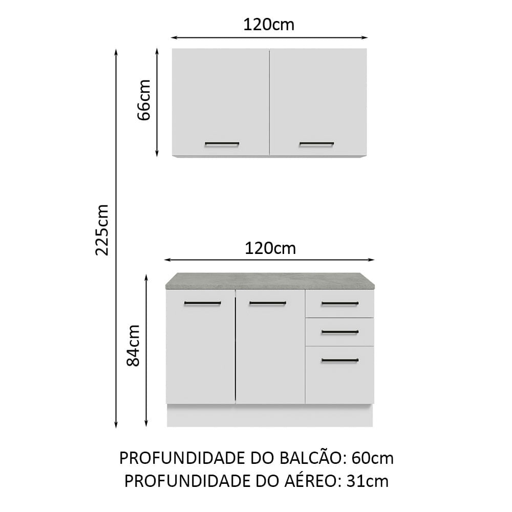 Kit com Balcão e Armário Aéreo Multiuso 120cm Branco Agata Madesa
