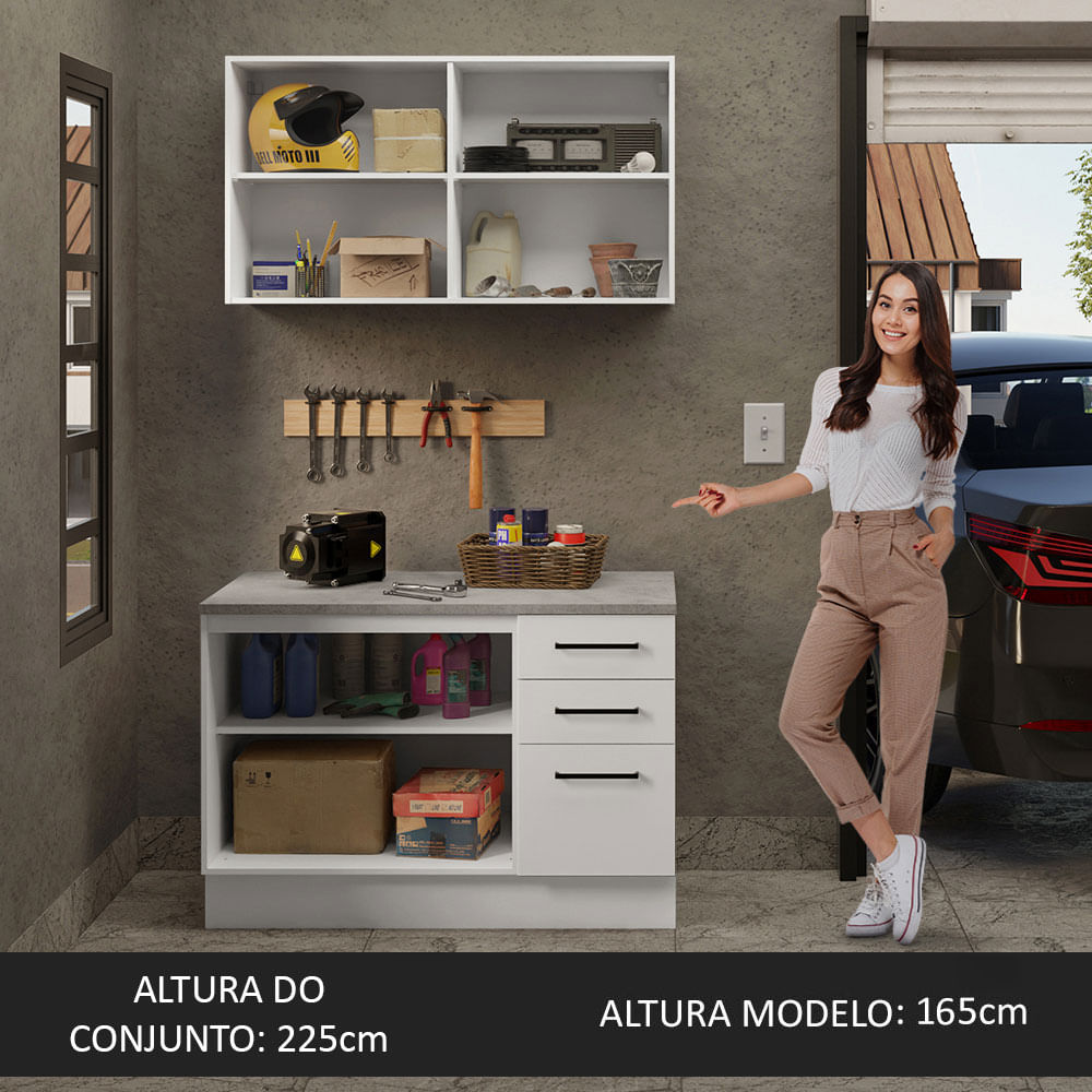 Kit com Balcão e Armário Aéreo Multiuso 120cm Branco Agata Madesa