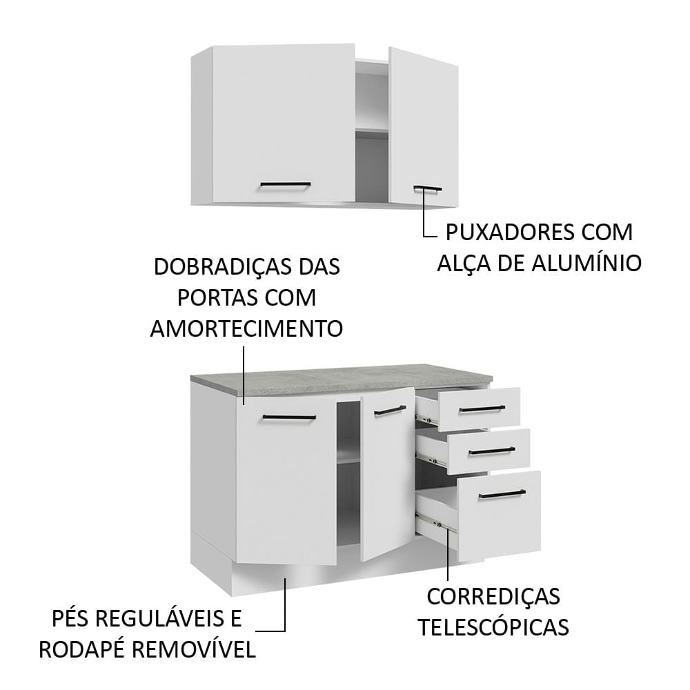 Kit com Balcão e Armário Aéreo Multiuso 120cm Branco Agata Madesa