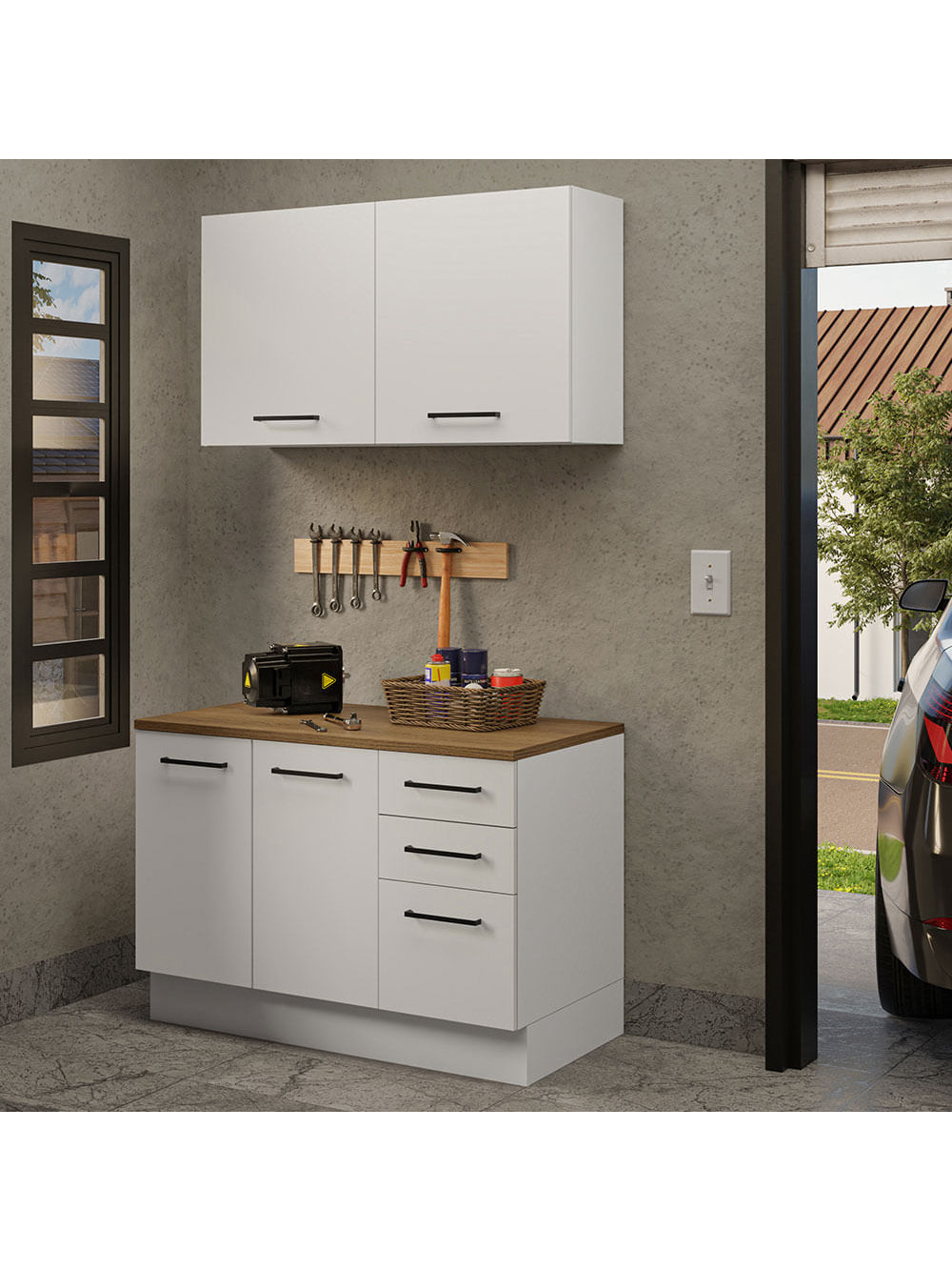 Kit com Balcão e Armário Aéreo Multiuso 120cm Branco/Rustic Agata Madesa - Branco/Rustic