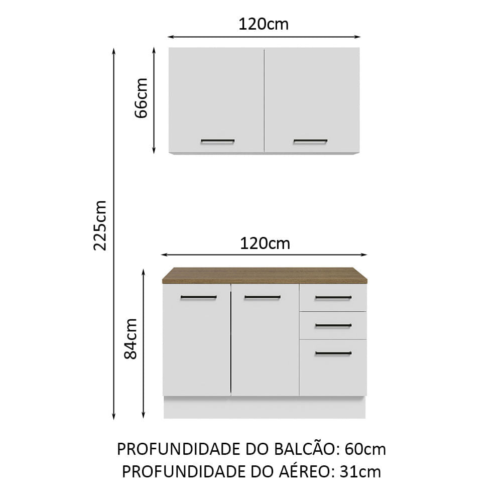 Kit com Balcão e Armário Aéreo Multiuso 120cm Branco/Rustic Agata Madesa