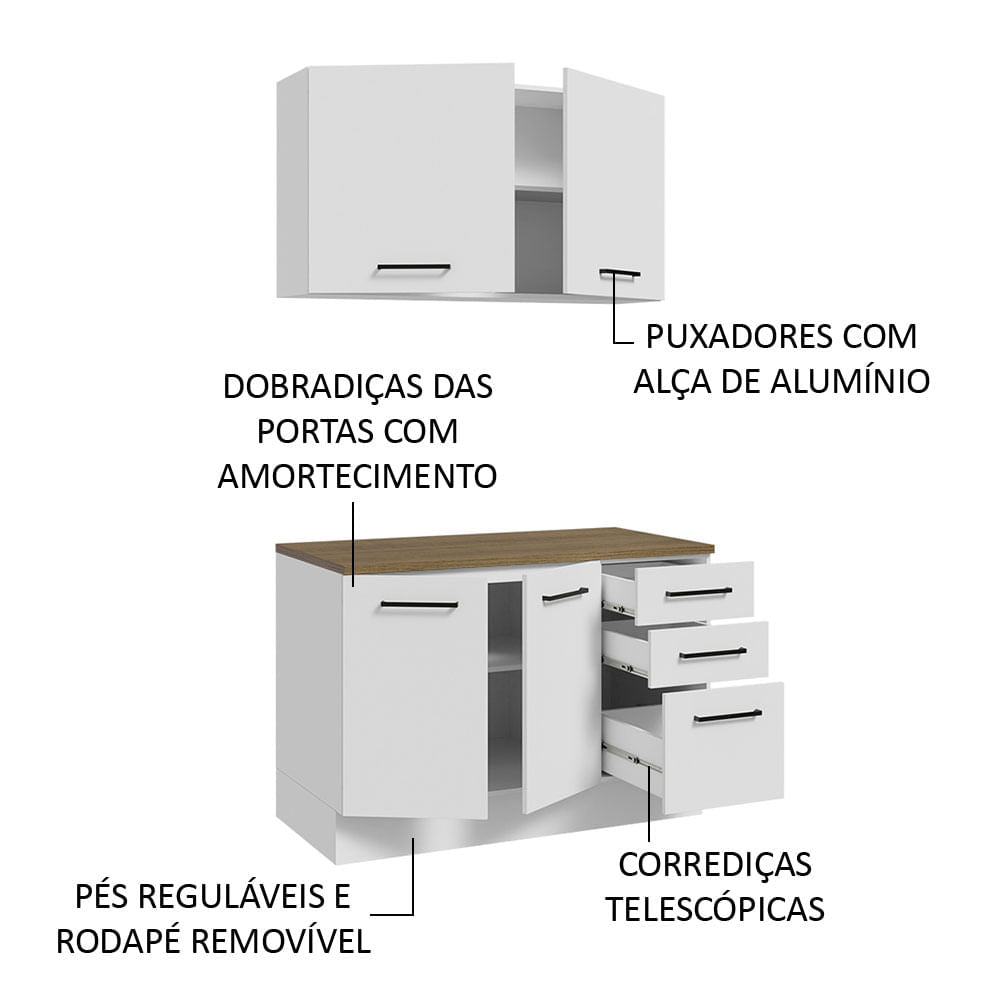 Kit com Balcão e Armário Aéreo Multiuso 120cm Branco/Rustic Agata Madesa
