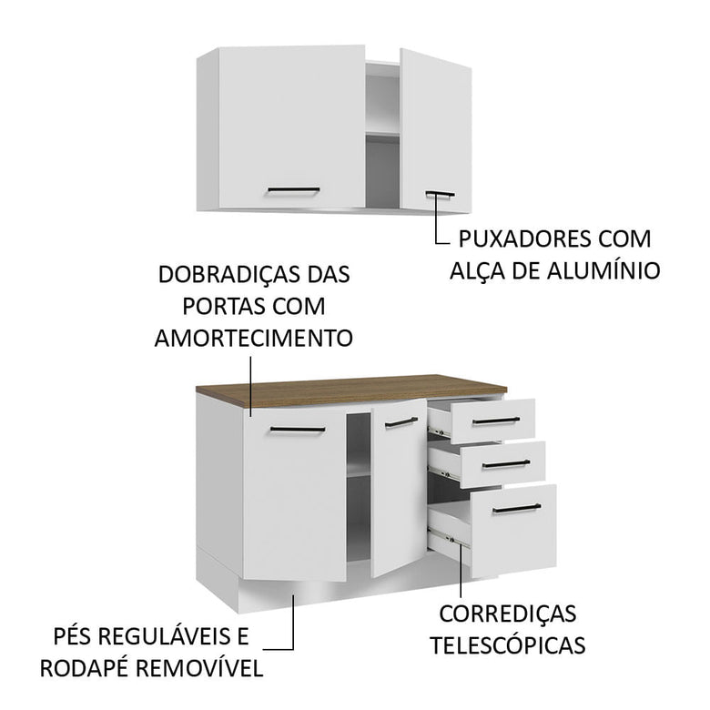 Kit com Balcão e Armário Aéreo Multiuso 120cm Branco/Rustic Agata Madesa
