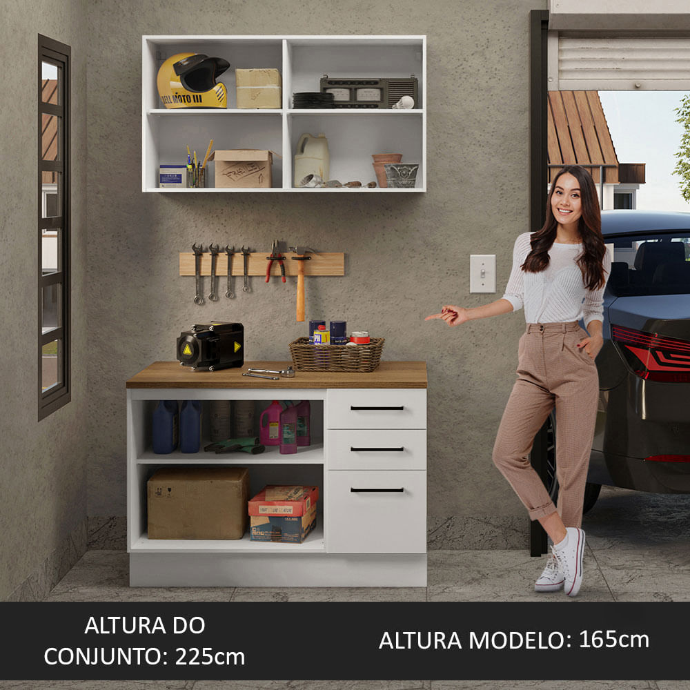 Kit com Balcão e Armário Aéreo Multiuso 120cm Branco/Rustic Agata Madesa