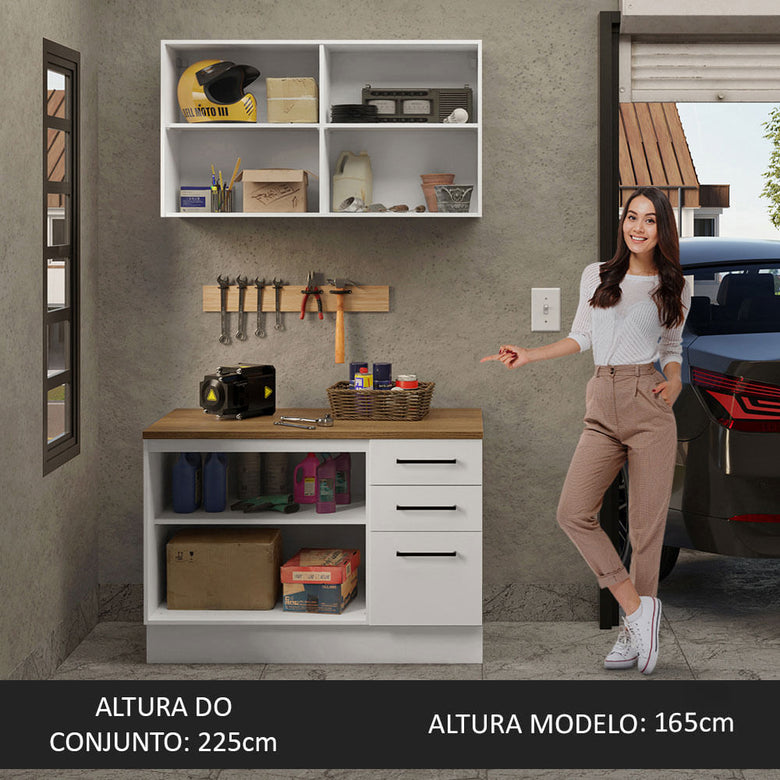 Kit com Balcão e Armário Aéreo Multiuso 120cm Branco/Rustic Agata Madesa