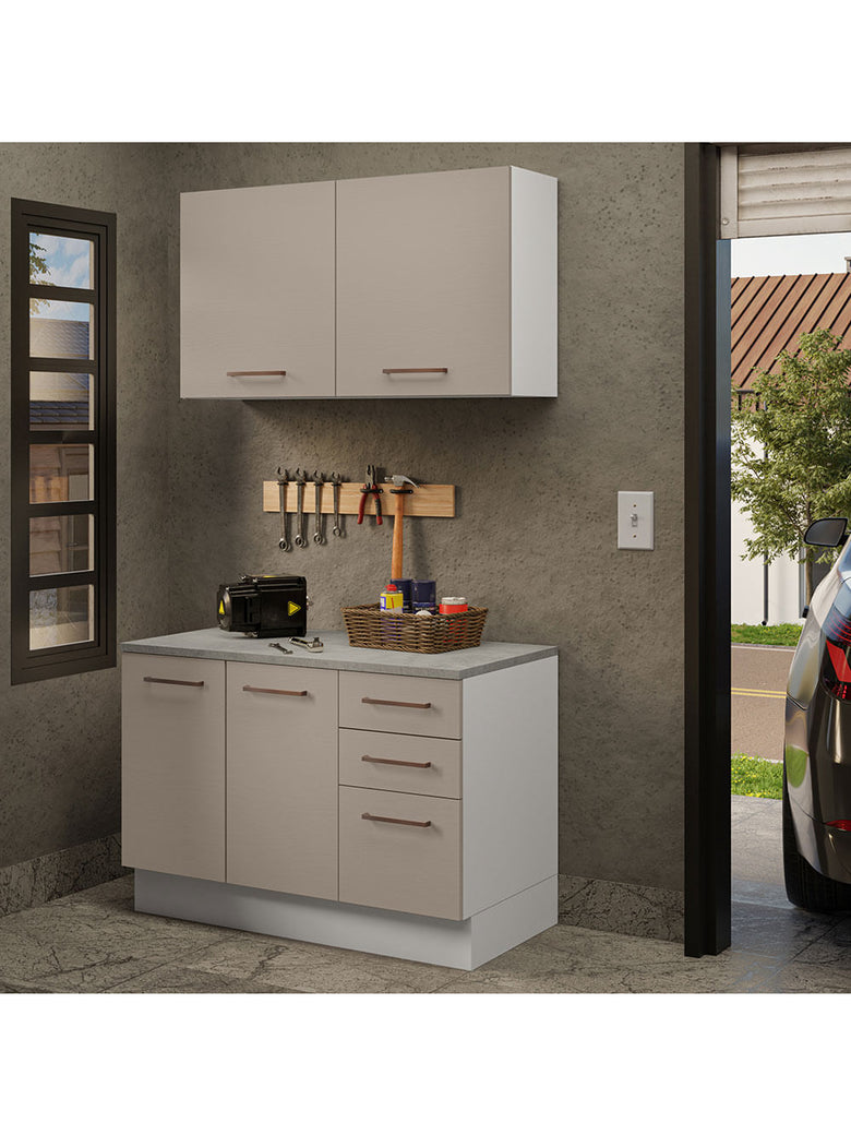 Kit com Balcão e Armário Aéreo Multiuso 120cm Branco/Crema Agata Madesa