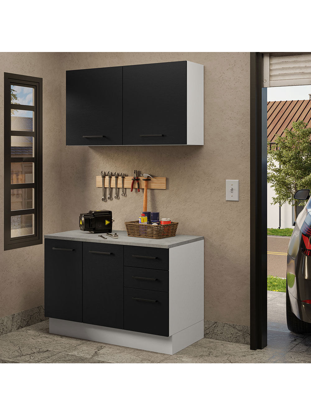 Kit com Balcão e Armário Aéreo Multiuso 120cm Branco/Preto Agata Madesa - Branco/Preto