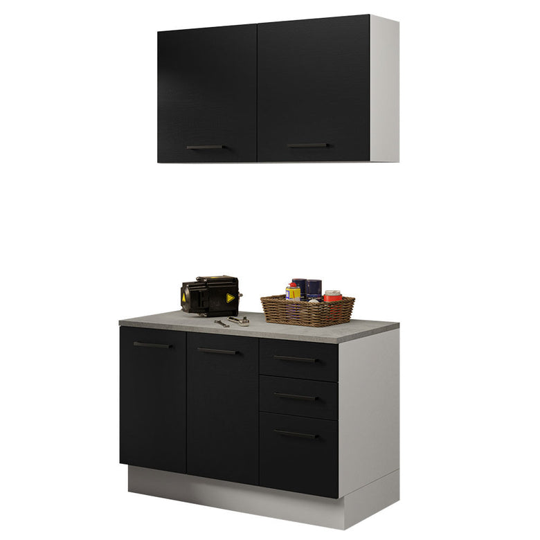 Kit com Balcão e Armário Aéreo Multiuso 120cm Branco/Preto Agata Madesa