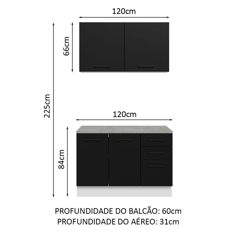 Kit com Balcão e Armário Aéreo Multiuso 120cm Branco/Preto Agata Madesa
