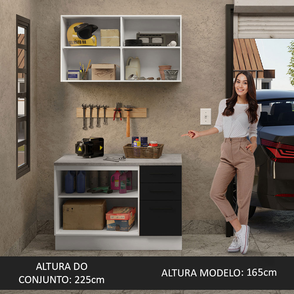 Kit com Balcão e Armário Aéreo Multiuso 120cm Branco/Preto Agata Madesa