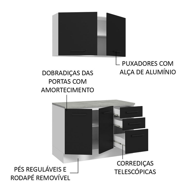 Kit com Balcão e Armário Aéreo Multiuso 120cm Branco/Preto Agata Madesa