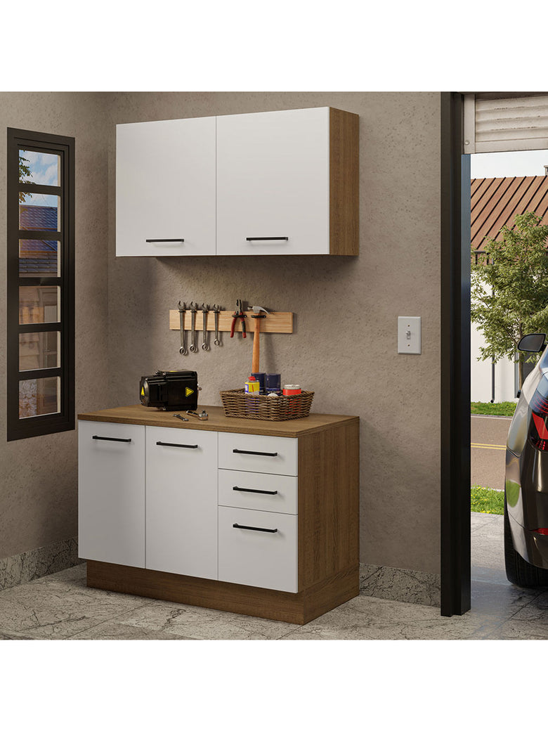 Kit com Balcão e Armário Aéreo Multiuso 120cm Rustic/Branco Agata Madesa