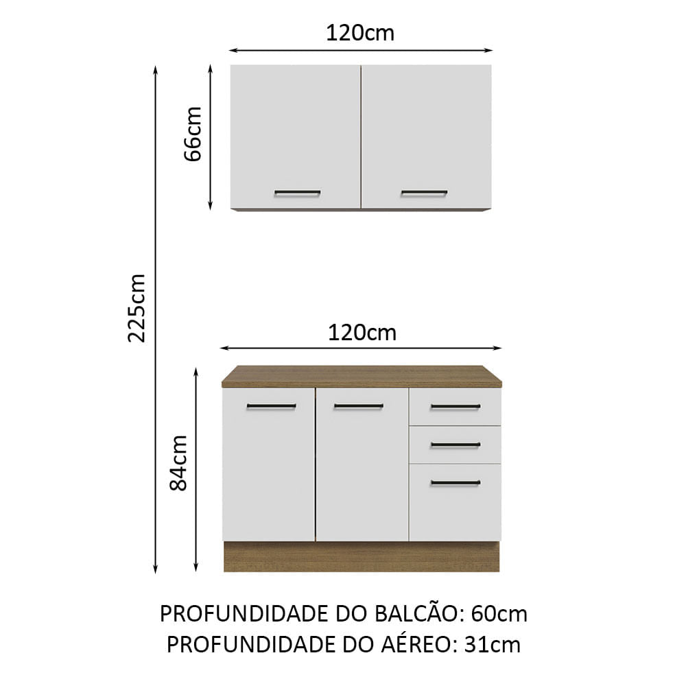 Kit com Balcão e Armário Aéreo Multiuso 120cm Rustic/Branco Agata Madesa