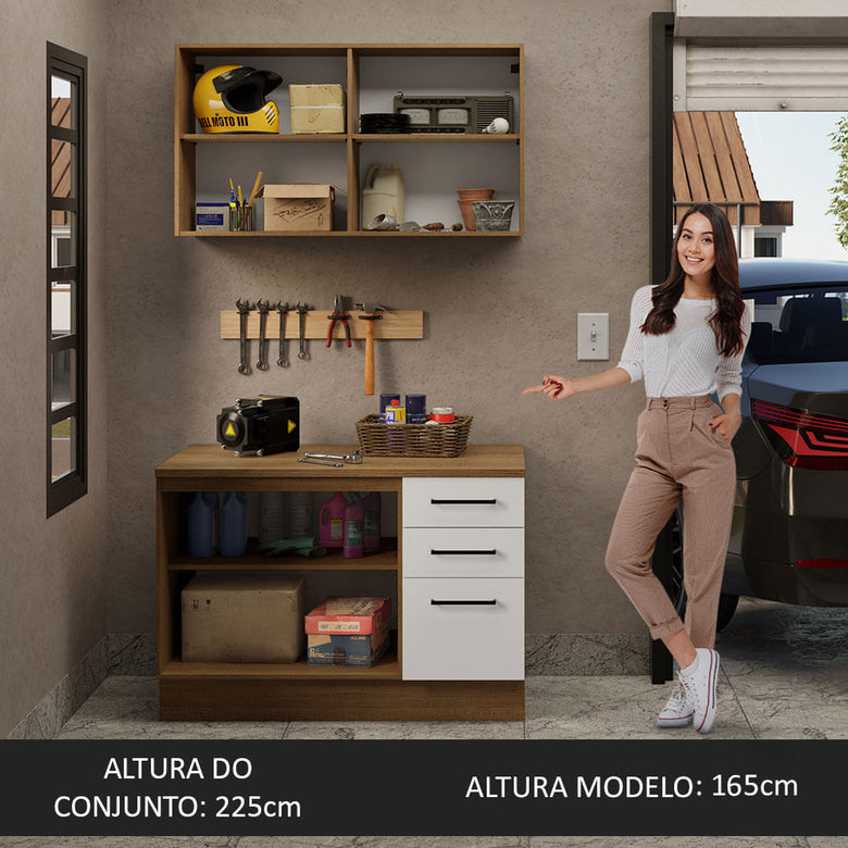 Kit com Balcão e Armário Aéreo Multiuso 120cm Rustic/Branco Agata Madesa