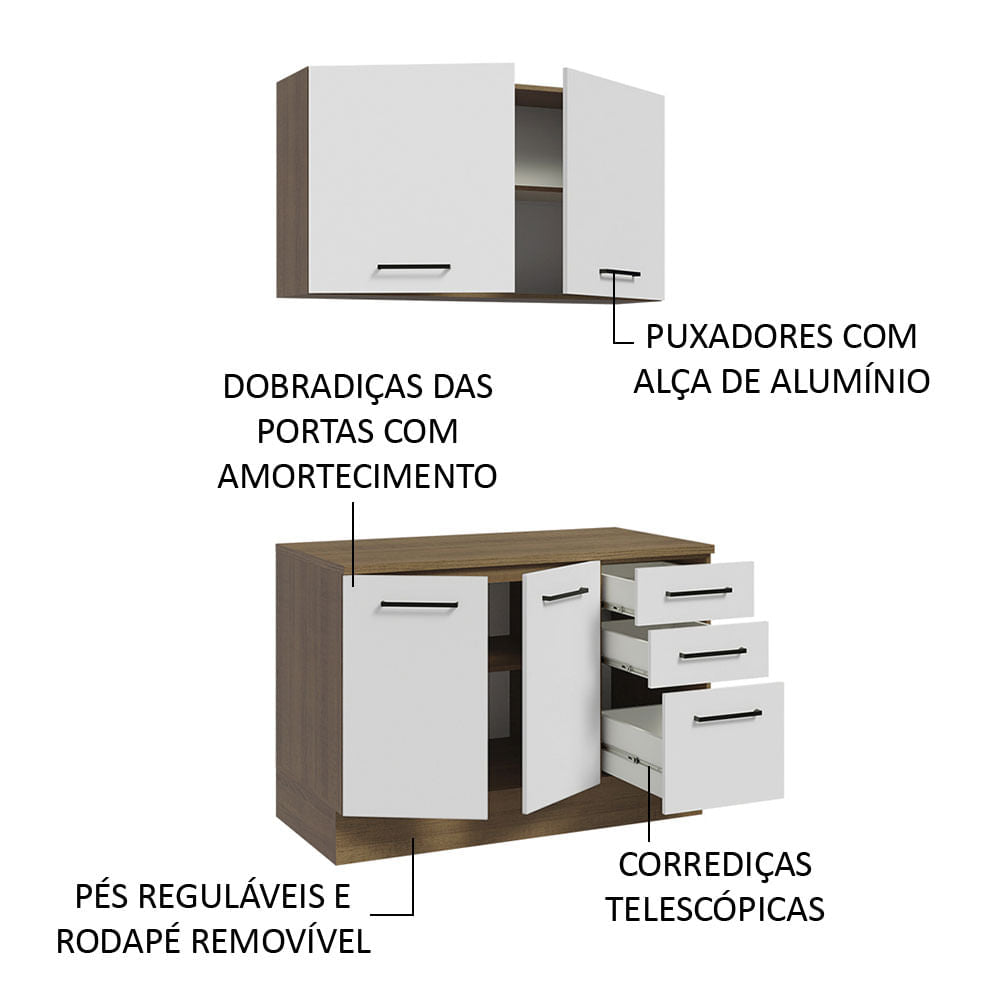 Kit com Balcão e Armário Aéreo Multiuso 120cm Rustic/Branco Agata Madesa