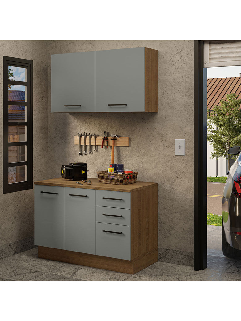Kit com Balcão e Armário Aéreo Multiuso 120cm Rustic/Cinza Agata Madesa