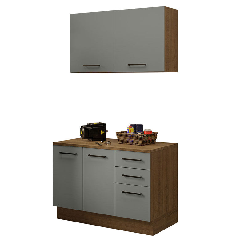 Kit com Balcão e Armário Aéreo Multiuso 120cm Rustic/Cinza Agata Madesa