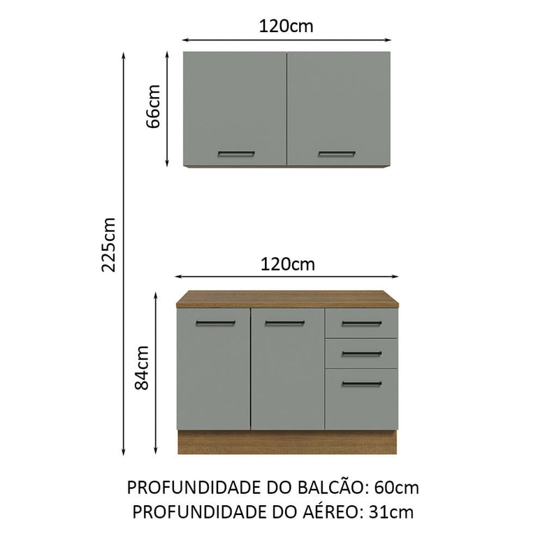 Kit com Balcão e Armário Aéreo Multiuso 120cm Rustic/Cinza Agata Madesa