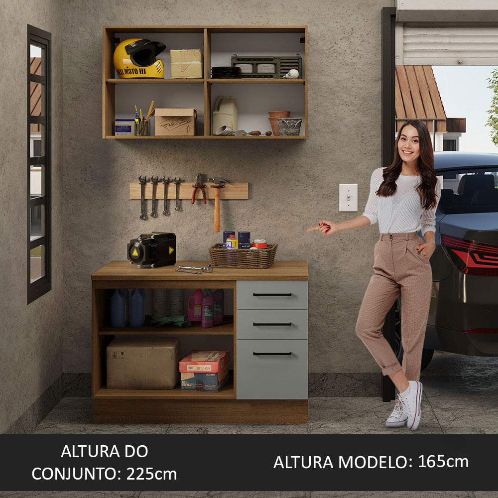 Kit com Balcão e Armário Aéreo Multiuso 120cm Rustic/Cinza Agata Madesa