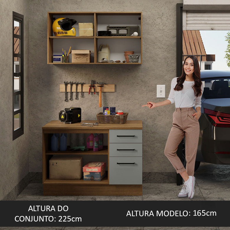 Kit com Balcão e Armário Aéreo Multiuso 120cm Rustic/Cinza Agata Madesa