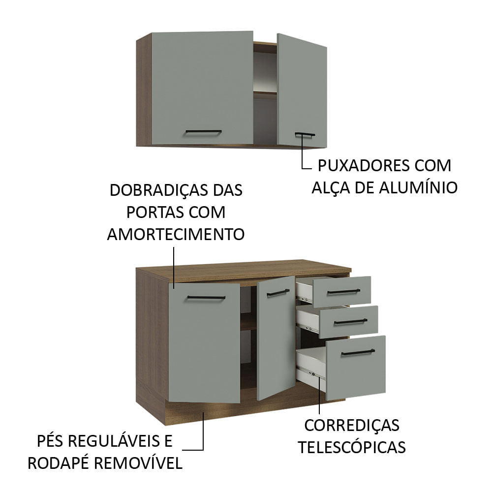 Kit com Balcão e Armário Aéreo Multiuso 120cm Rustic/Cinza Agata Madesa
