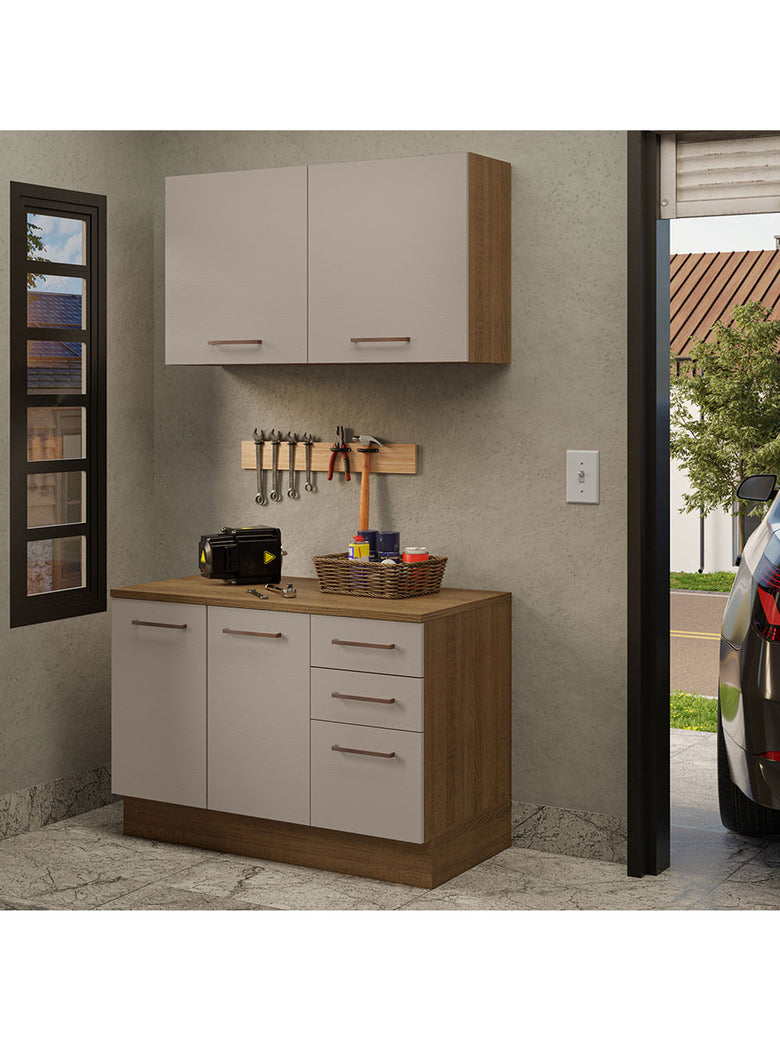 Kit com Balcão e Armário Aéreo Multiuso 120cm Rustic/Crema Agata Madesa