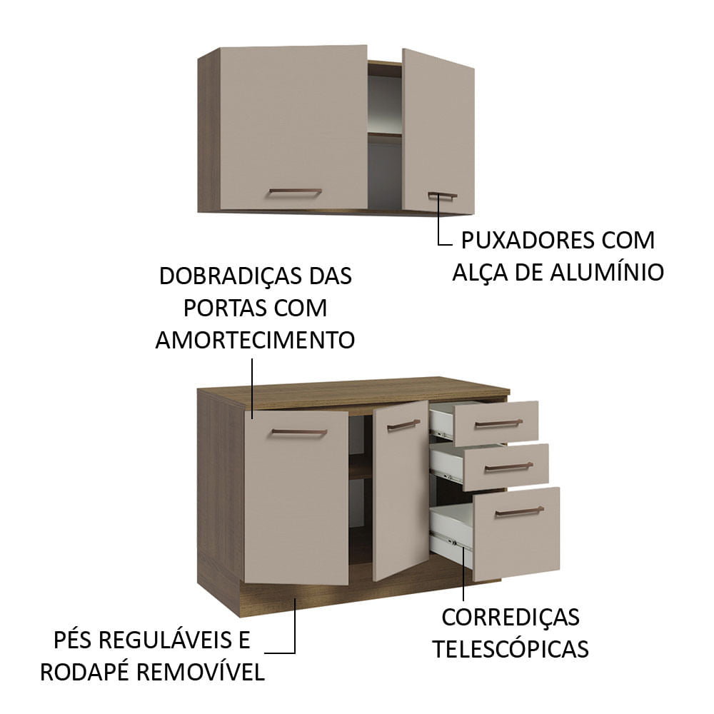 Kit com Balcão e Armário Aéreo Multiuso 120cm Rustic/Crema Agata Madesa