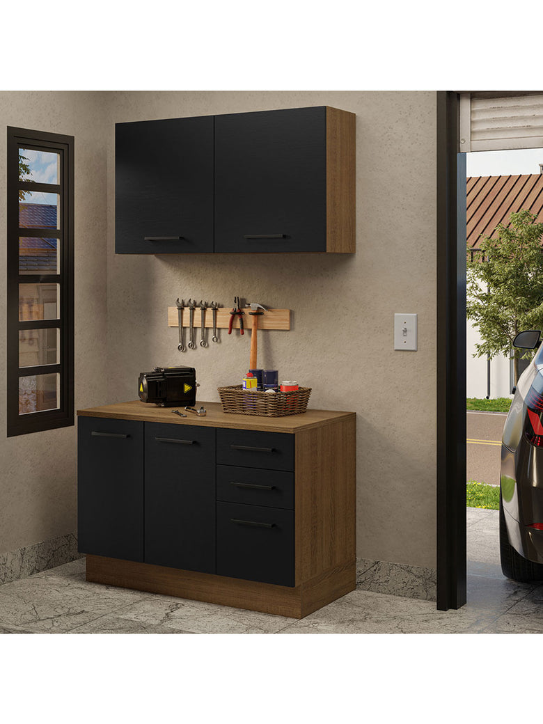 Kit com Balcão e Armário Aéreo Multiuso 120cm Rustic/Preto Agata Madesa