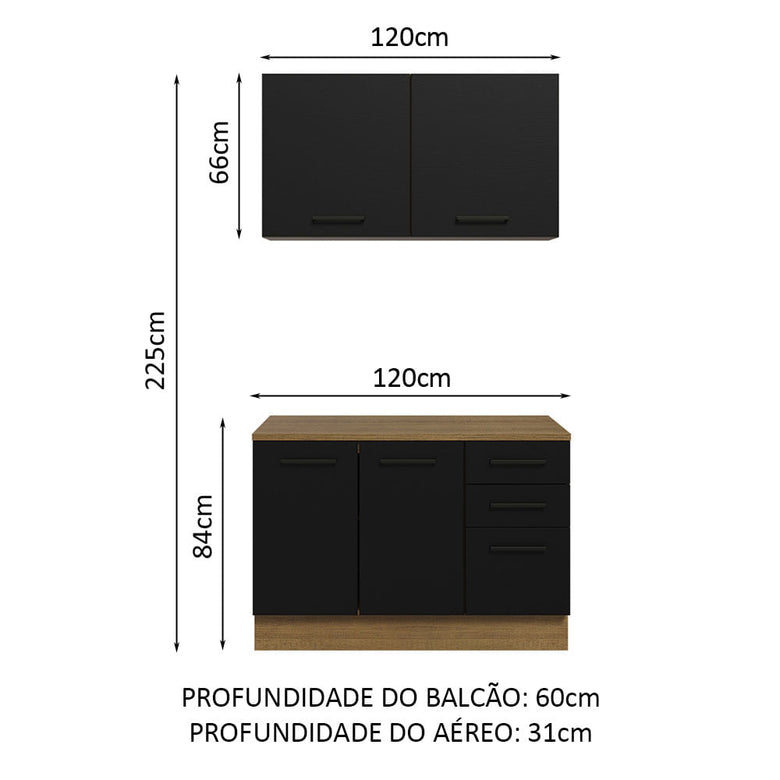 Kit com Balcão e Armário Aéreo Multiuso 120cm Rustic/Preto Agata Madesa