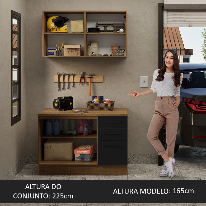 Kit com Balcão e Armário Aéreo Multiuso 120cm Rustic/Preto Agata Madesa