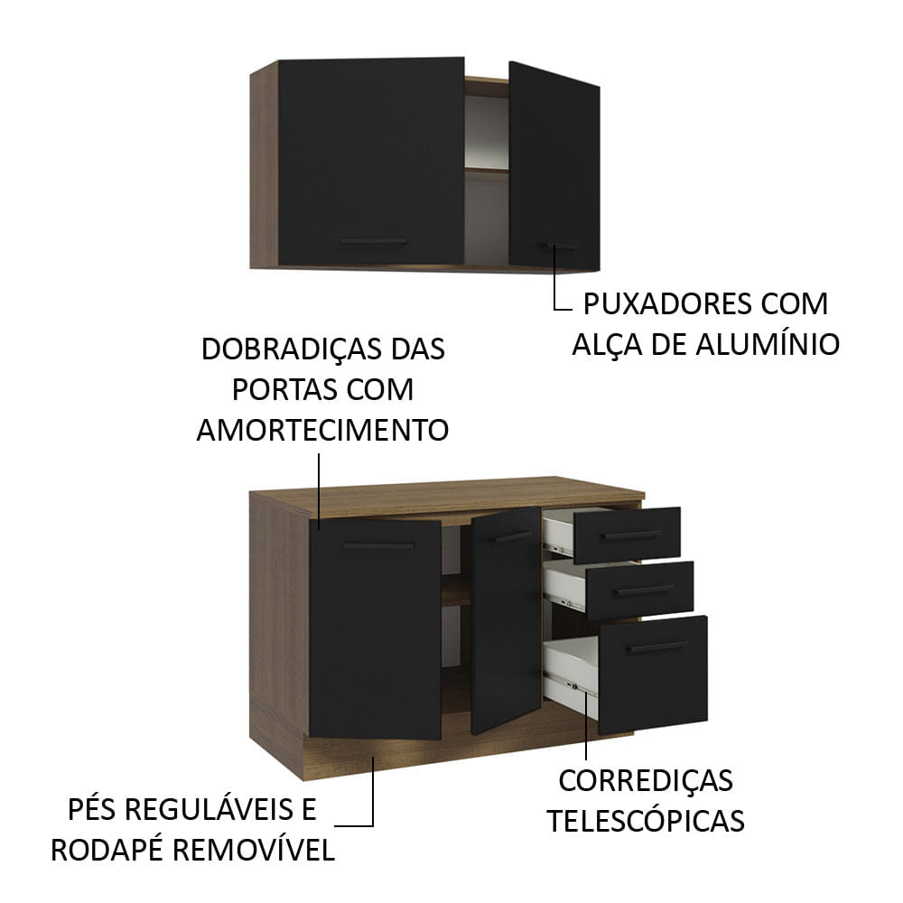 Kit com Balcão e Armário Aéreo Multiuso 120cm Rustic/Preto Agata Madesa