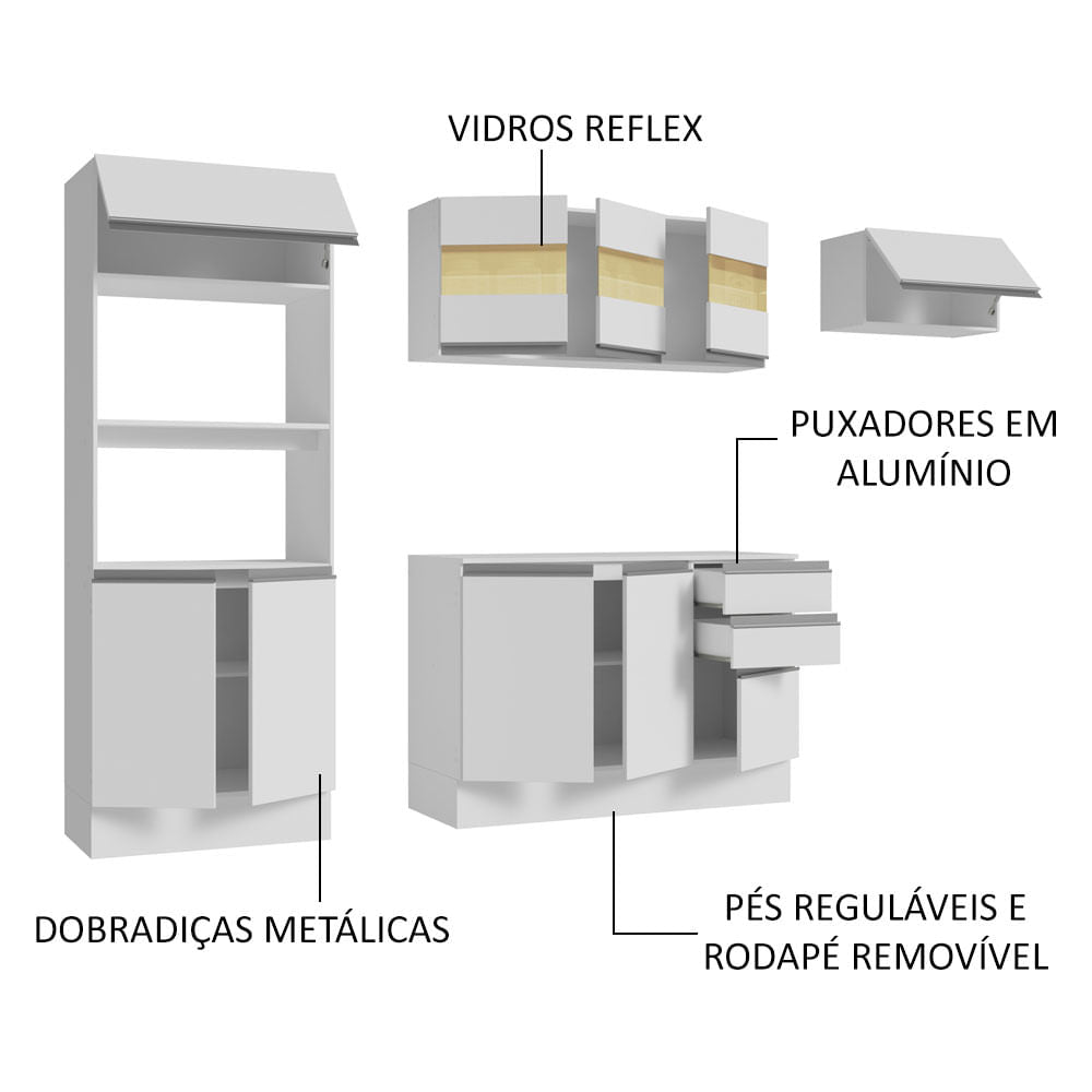 Armário de Cozinha Completa 100% MDF 250cm Branco Smart Madesa 03