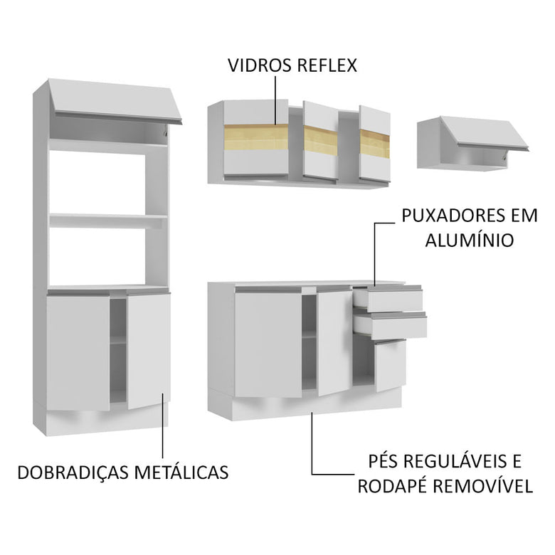 Armário de Cozinha Completa 100% MDF 250cm Branco Smart Madesa 03
