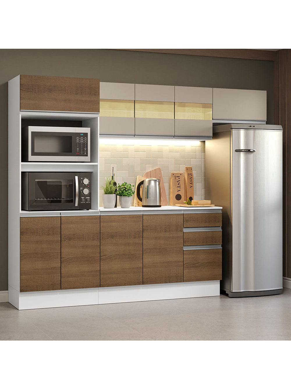 Armário de Cozinha Completa 100% MDF 250cm Branco/Rustic/Crema Smart Madesa 03 - Branco/Rustic/Crema