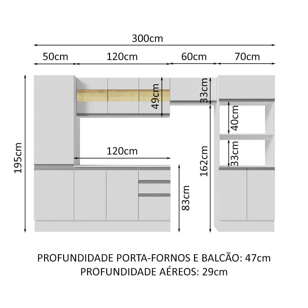 Armário de Cozinha Completa 100% MDF 300cm Branco Smart Madesa 03