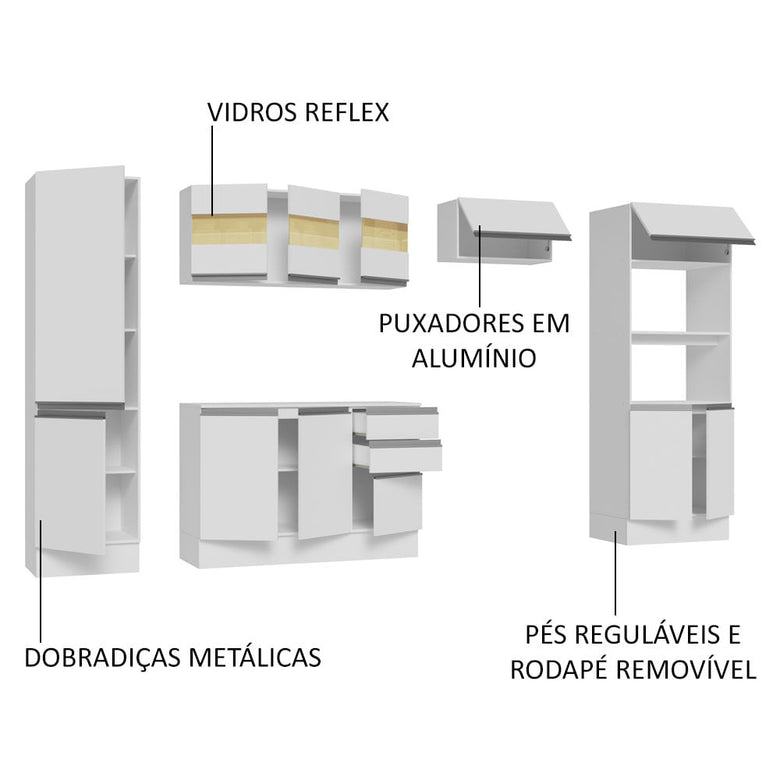 Armário de Cozinha Completa 100% MDF 300cm Branco Smart Madesa 03
