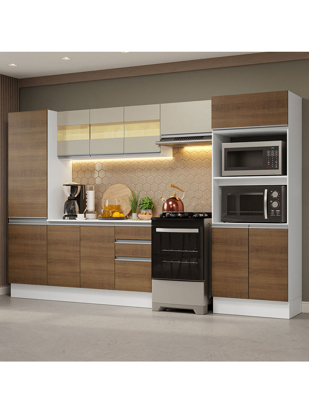 Armário de Cozinha Completa 100% MDF 300cm Branco/Rustic/Crema Smart Madesa 03 - Branco/Rustic/Crema