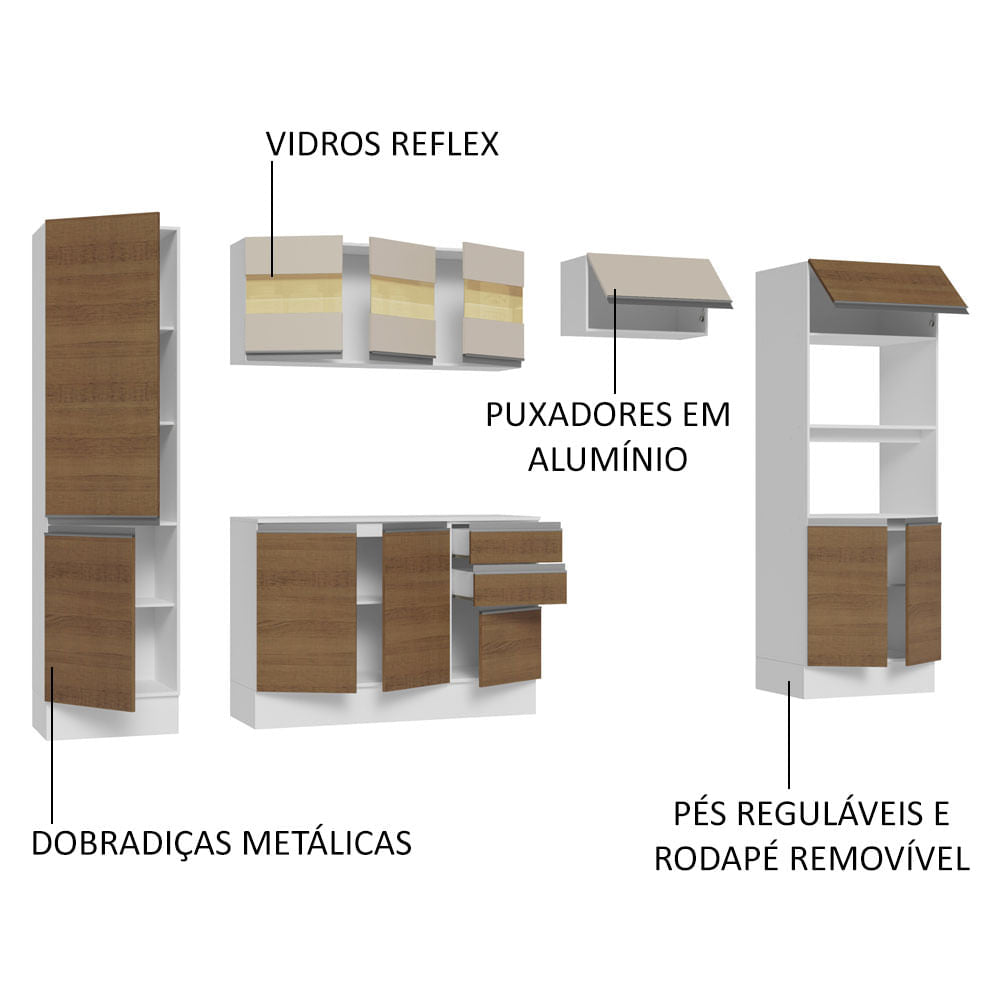 Armário de Cozinha Completa 100% MDF 300cm Branco/Rustic/Crema Smart Madesa 03
