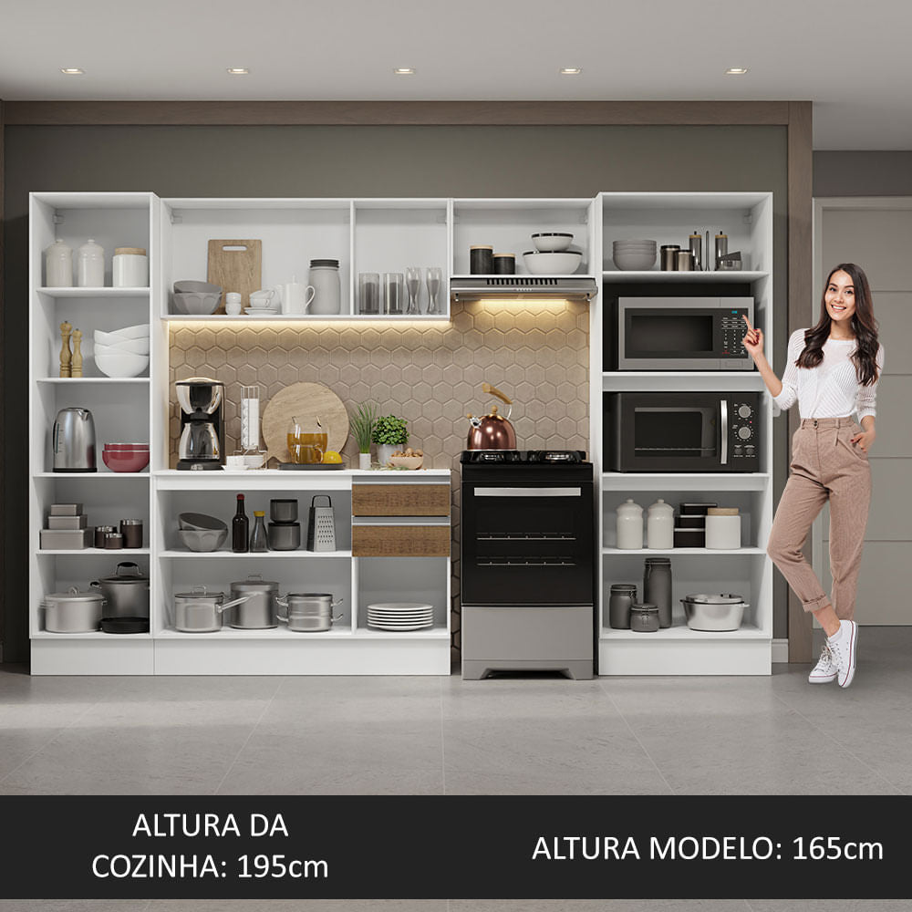 Armário de Cozinha Completa 100% MDF 300cm Branco/Rustic/Crema Smart Madesa 03