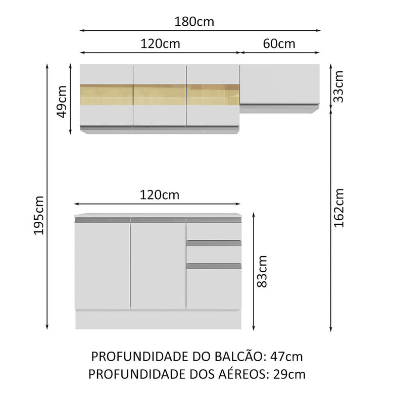 Armário de Cozinha Compacta 100% MDF 180cm Branco Smart Madesa 02