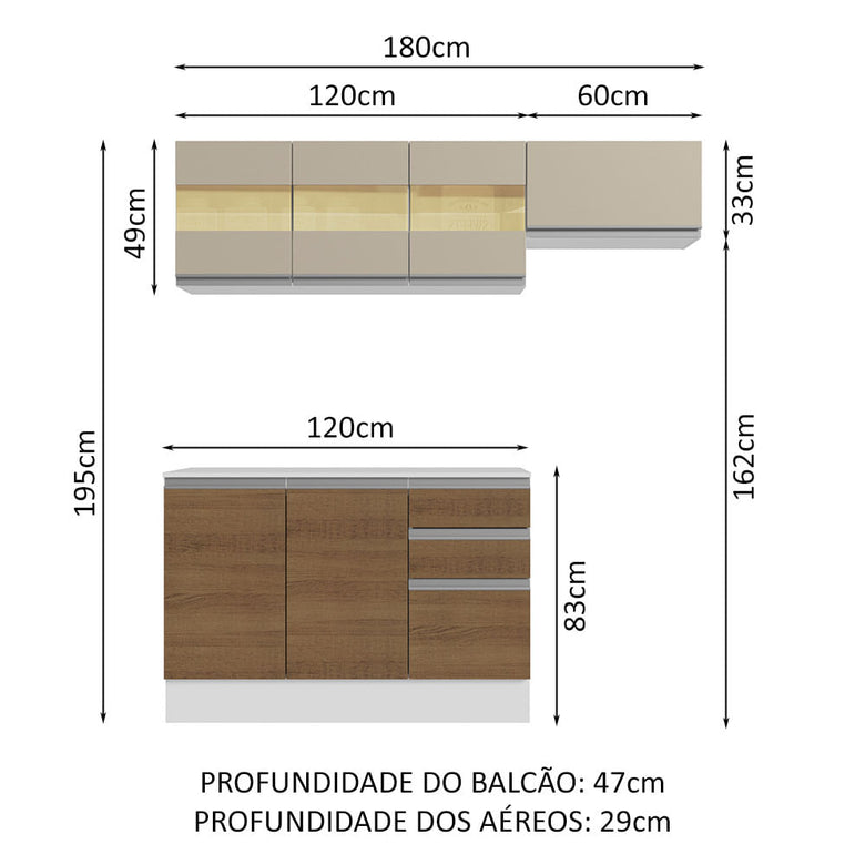 Armário de Cozinha Compacta 100% MDF 180cm Branco/Rustic/Crema Smart Madesa 02