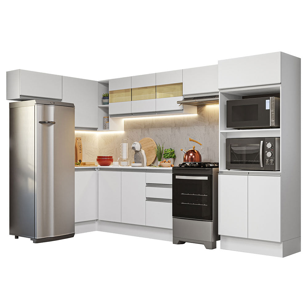 Armário de Cozinha Completa de Canto 100% MDF 447cm Branco Smart Madesa 01 - Branco