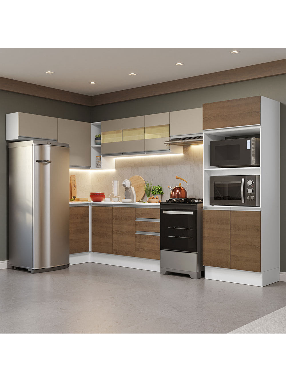 Armário de Cozinha Completa de Canto 100% MDF 447cm Branco/Rustic/Crema Smart Madesa 01 - Branco/Rustic/Crema