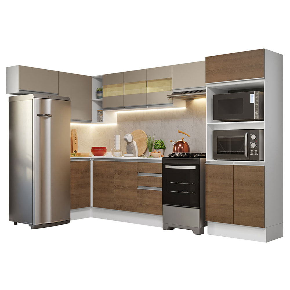 Armário de Cozinha Completa de Canto 100% MDF 447cm Branco/Rustic/Crema Smart Madesa 01 - Branco/Rustic/Crema