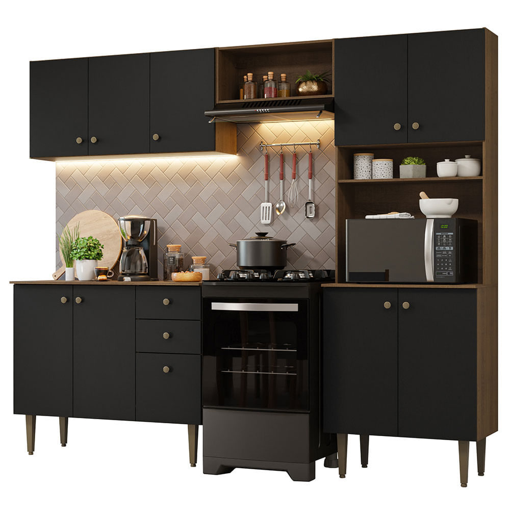 Armário de Cozinha Compacta 235cm Rustic/Preto Gourmet Madesa 01 - Rustic/Preto