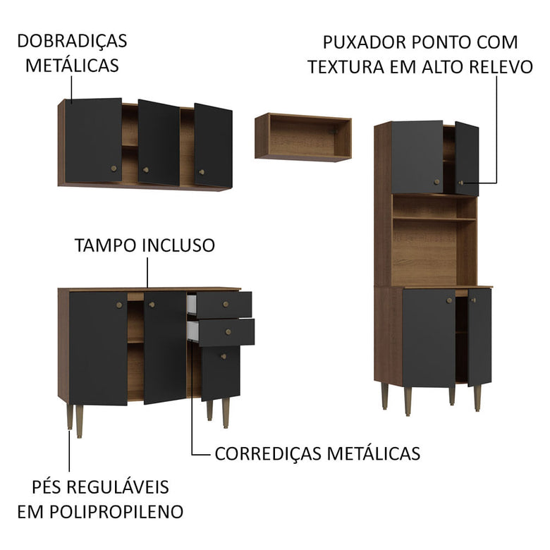 Armário de Cozinha Compacta 235cm Rustic/Preto Gourmet Madesa 01