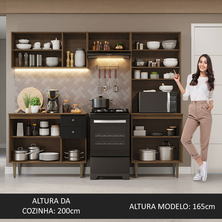 Armário de Cozinha Compacta 235cm Rustic/Preto Gourmet Madesa 01