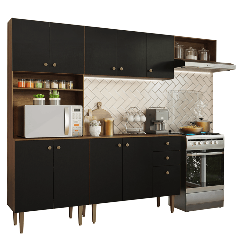 Armário de Cozinha Compacta 235cm Rustic/Preto Gourmet Madesa 02 - Rustic/Preto